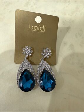 Baldi London Blue Teardrop Crystal Drop Earrings with Clear Accents